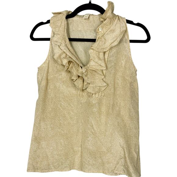 J.Crew Tops - J.Crew, Size 0, Tan & White Blouse, Silk Cotton Blend, Ruffle Neck, Y2K, EUC